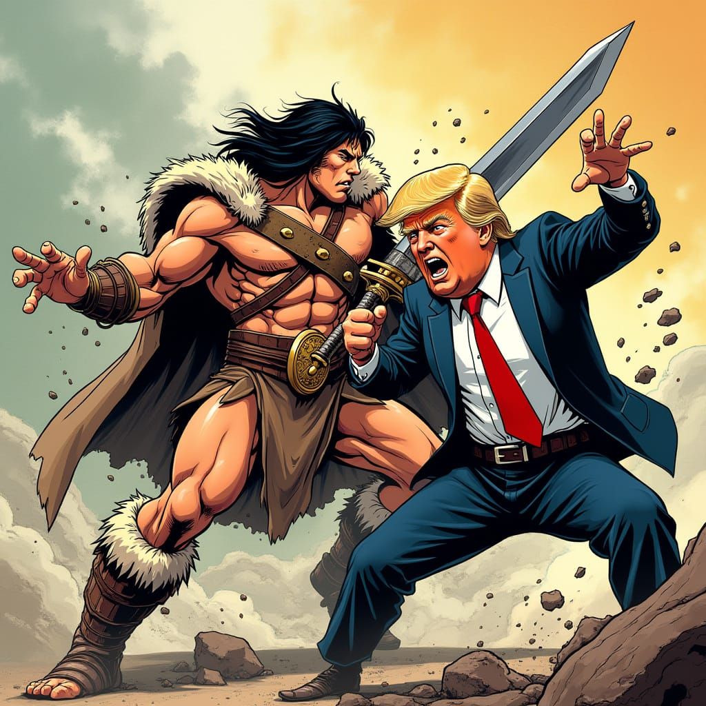 Barbarian Warrior Clashes with Suited Foe in Anime Style