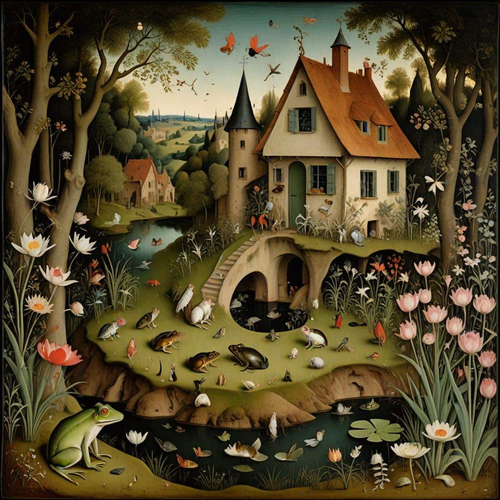 Secluded House with Frogs and Light in Bosch Matisse Style