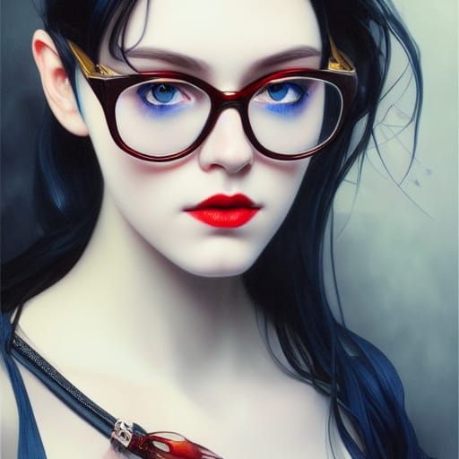 Blue Haired Girl Portrait with Red Lipstick