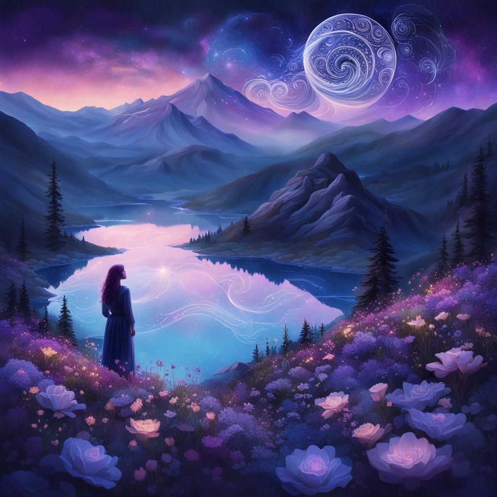 Woman with Swirling Constellations in Twilight