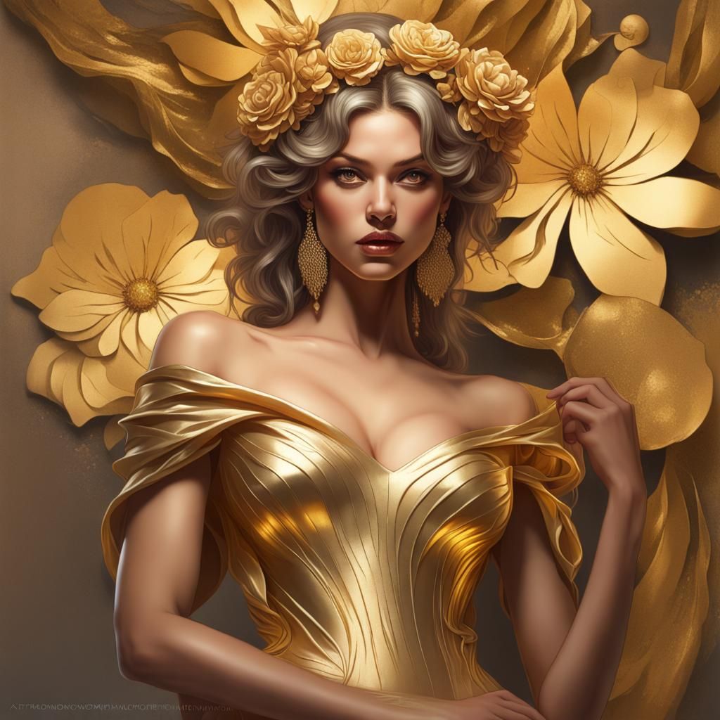 Model in Gold Gown: Hyperdetailed Portrait
