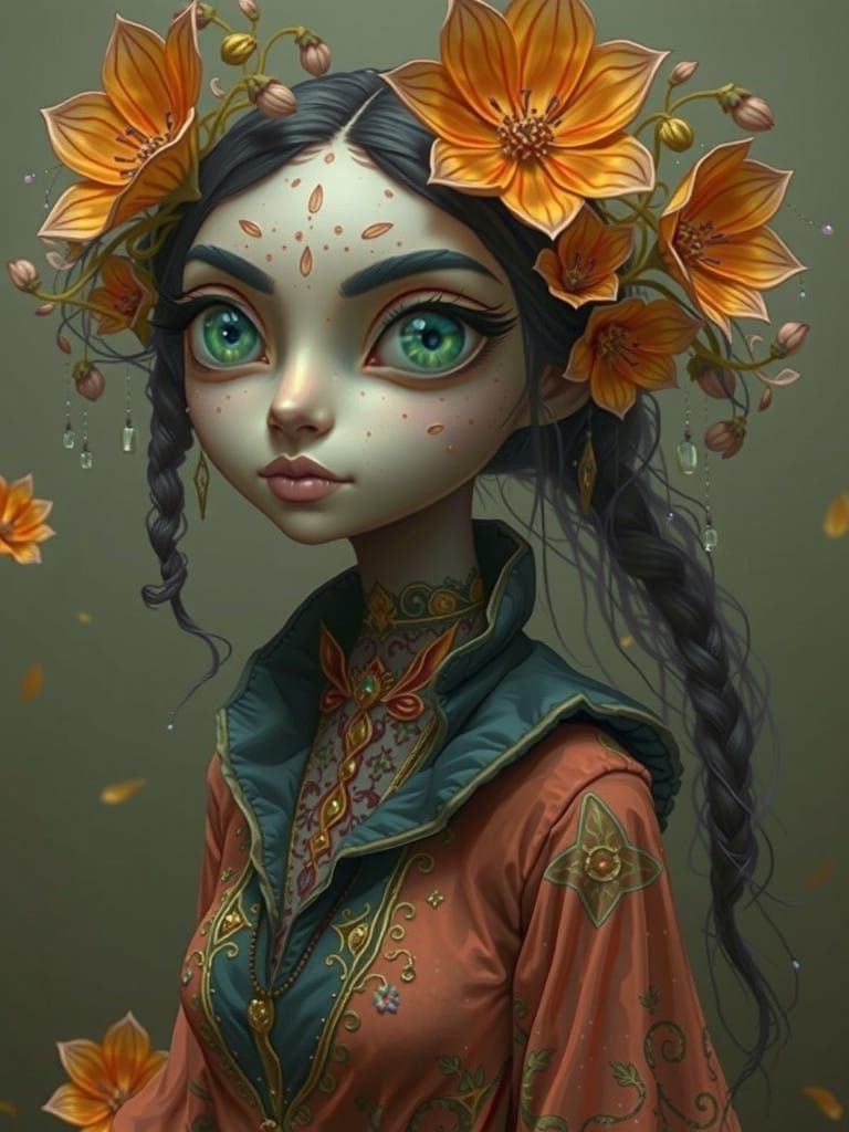 Dreamlike Goddess in Iridescent Gown with Unearthly Flowers