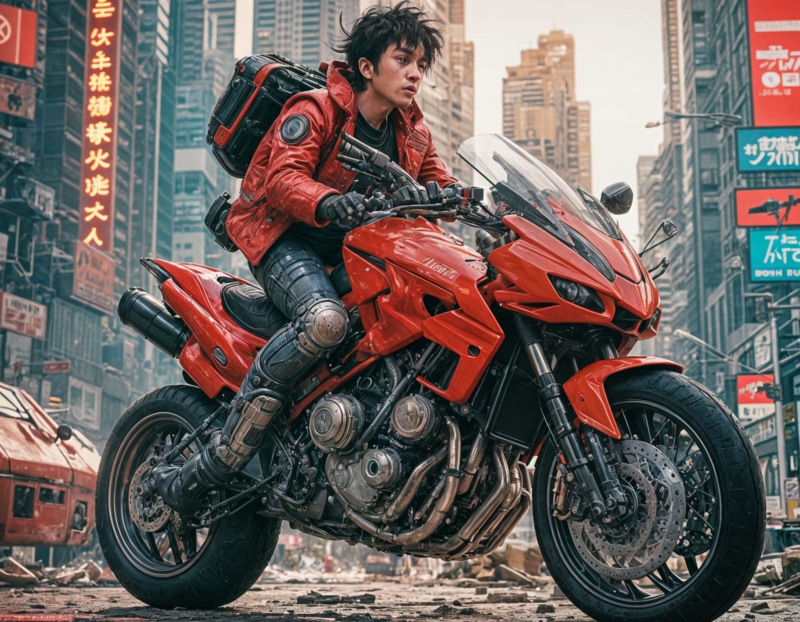 Epic Anime Hero Rides Futuristic Motorcycle Through Damaged ...