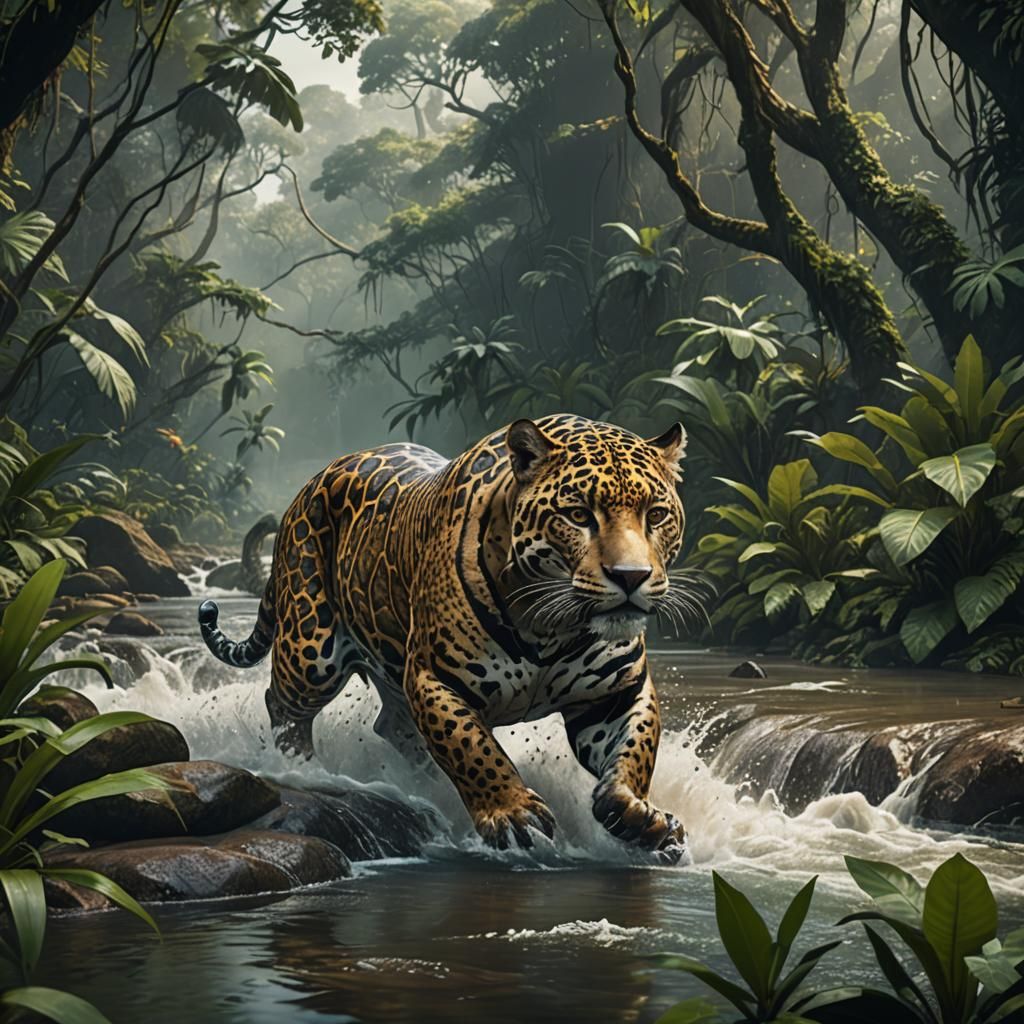 Jaguar Crossing River in Jungle Concept Art