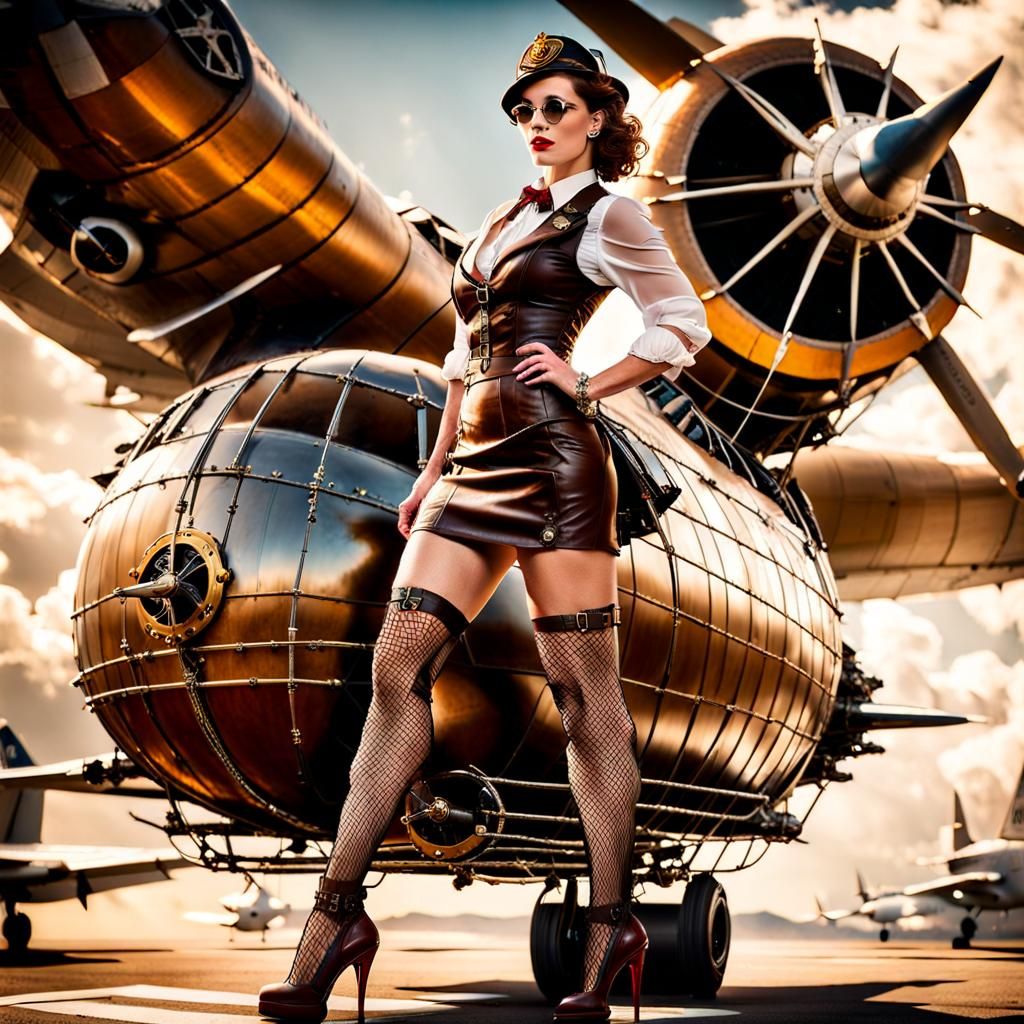 Female Steampunk aviator wearing brown fishnet stockings, leather mini-skirt and high heels
