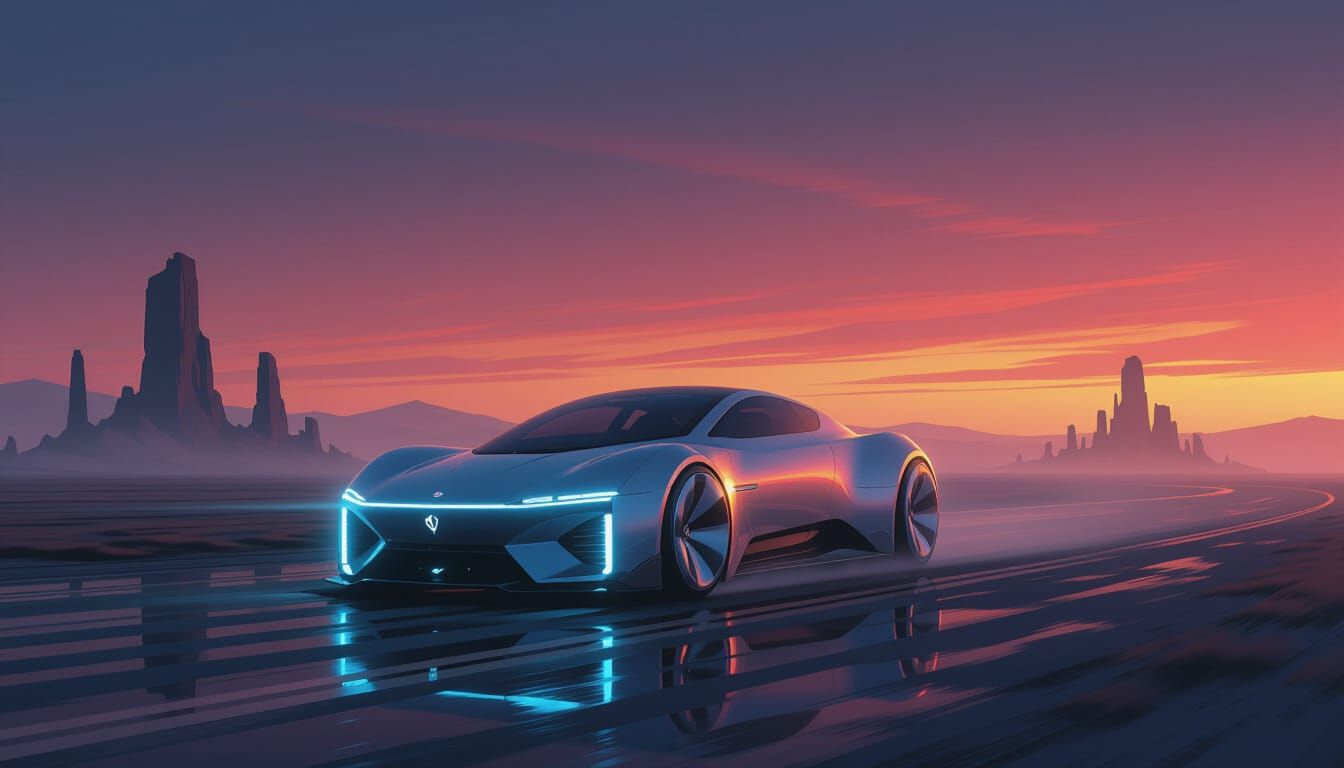 A sleek, futuristic vehicle speeds across a desolate, windsw...