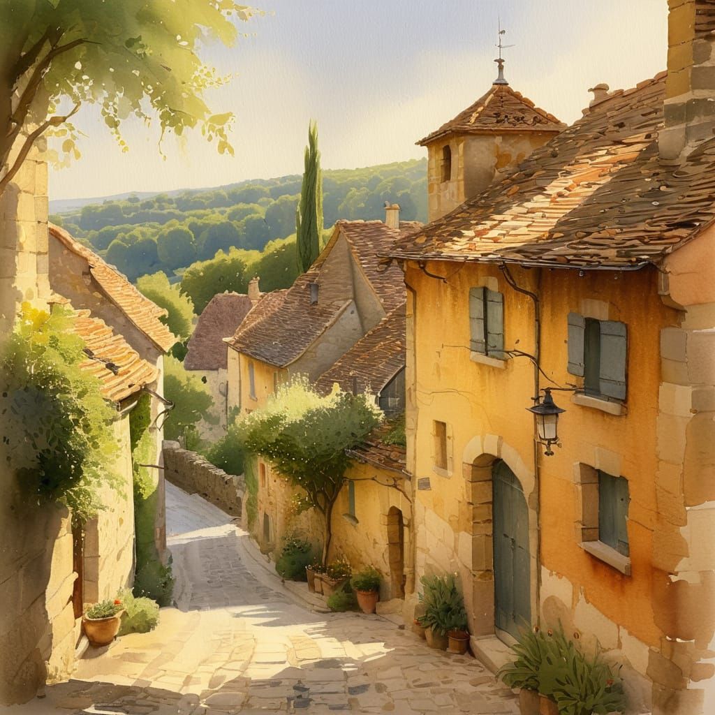 French Village in Spring, Impressionist Watercolor Painting