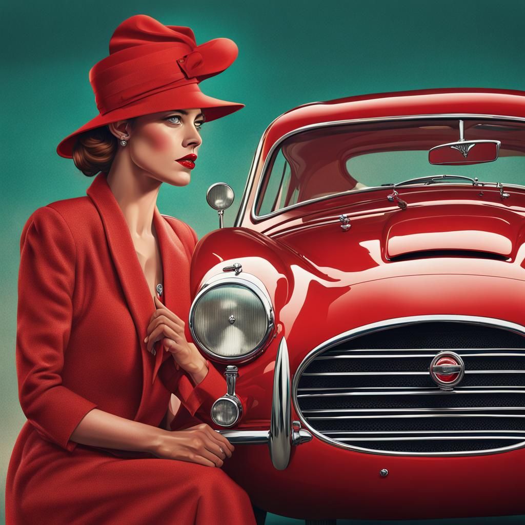 Vintage Jaguar Ad with Woman in Red Hat