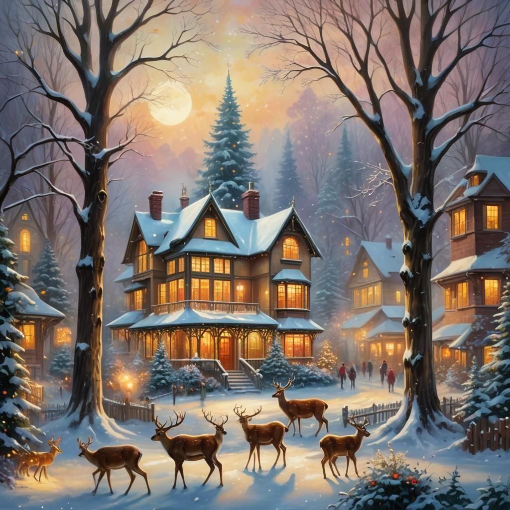 Ethereal Christmas Deer Scene in Kinkade Style