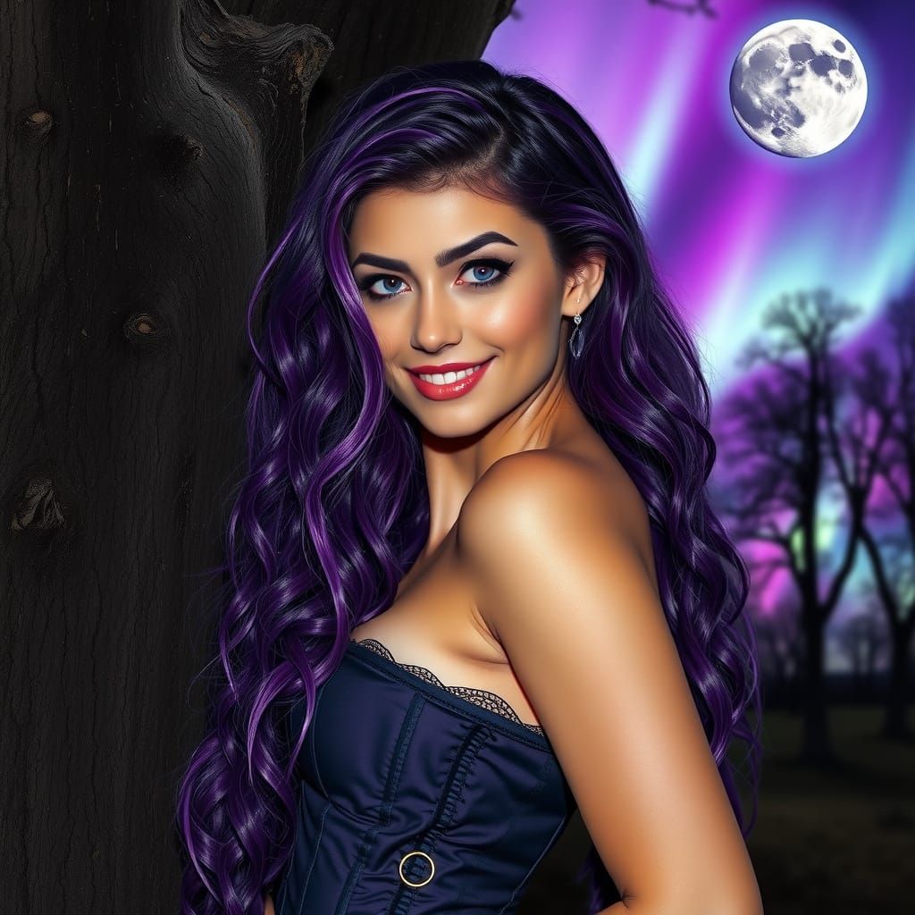 Woman in Elegant Gothic Corset Against Decaying Tree in Ultr...