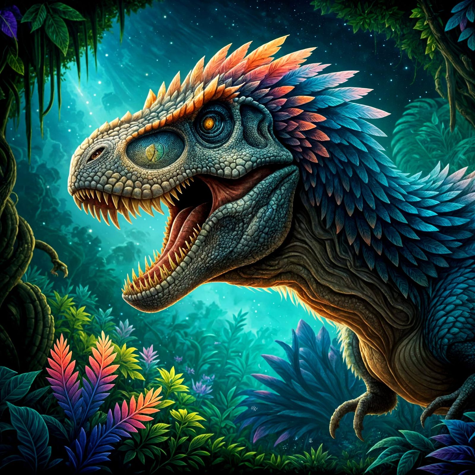 Epic Airbrush Painting of a Tyrannosaurus Rex in a Lush Preh...