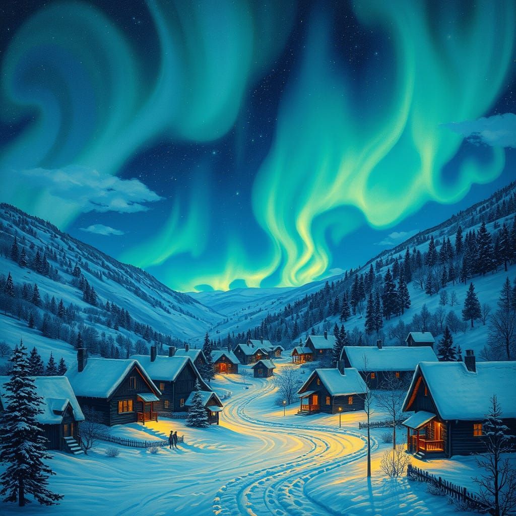 Serenene Snowy Village Under Vibrant Northern Lights