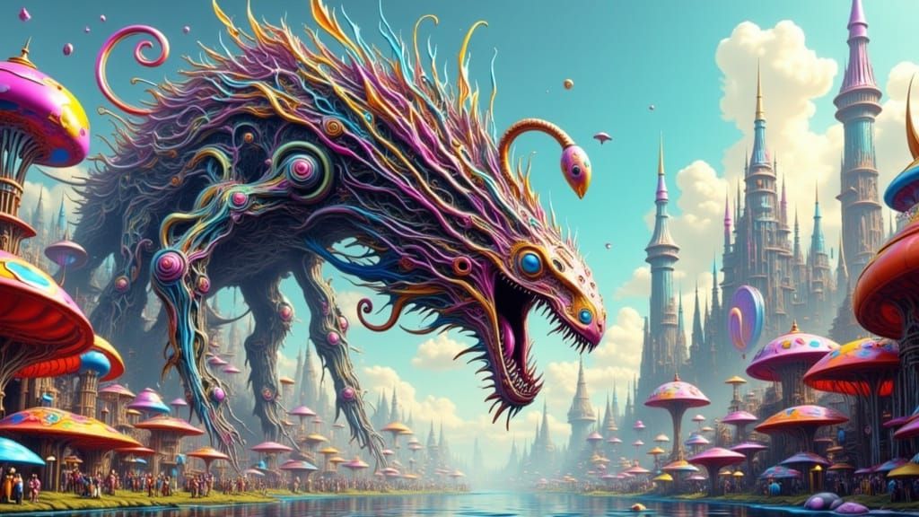 Gargantuan Mechanical Monster Rides into a Whimsical Candy W...