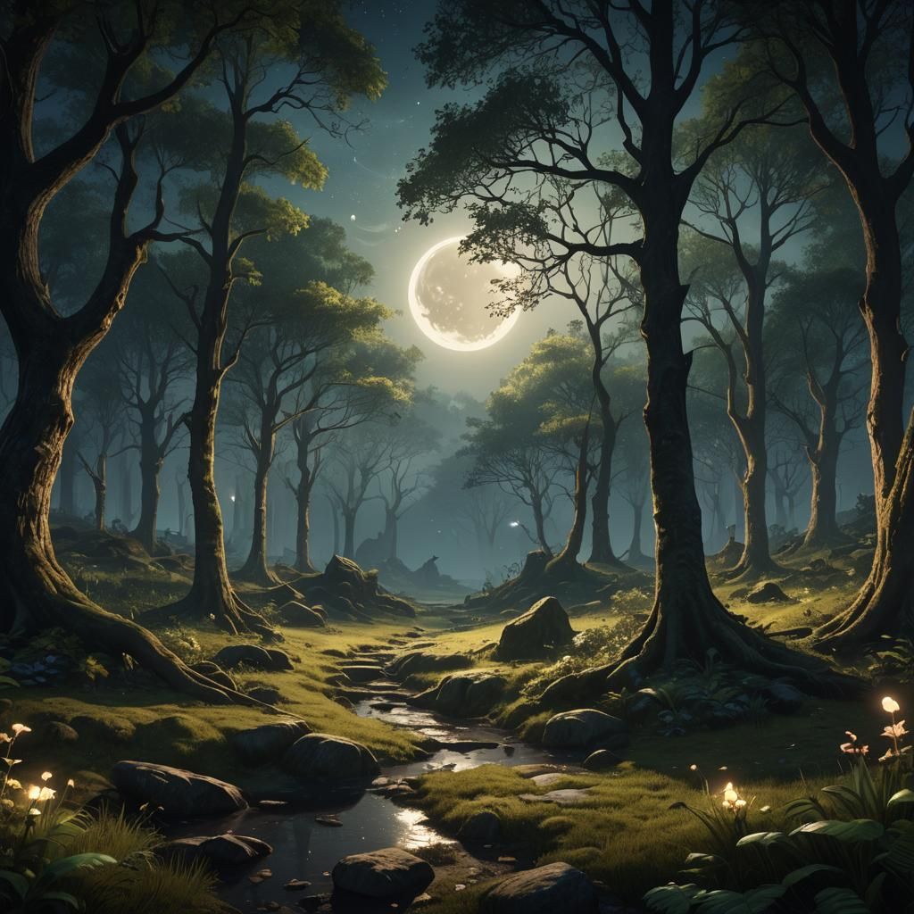 Enchanted Forest Glade Under Crescent Moon