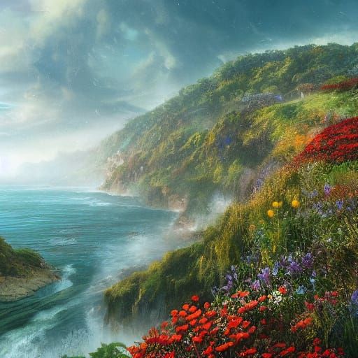 Ethereal Fantasy Scene with Woman Among Flowers and Ocean