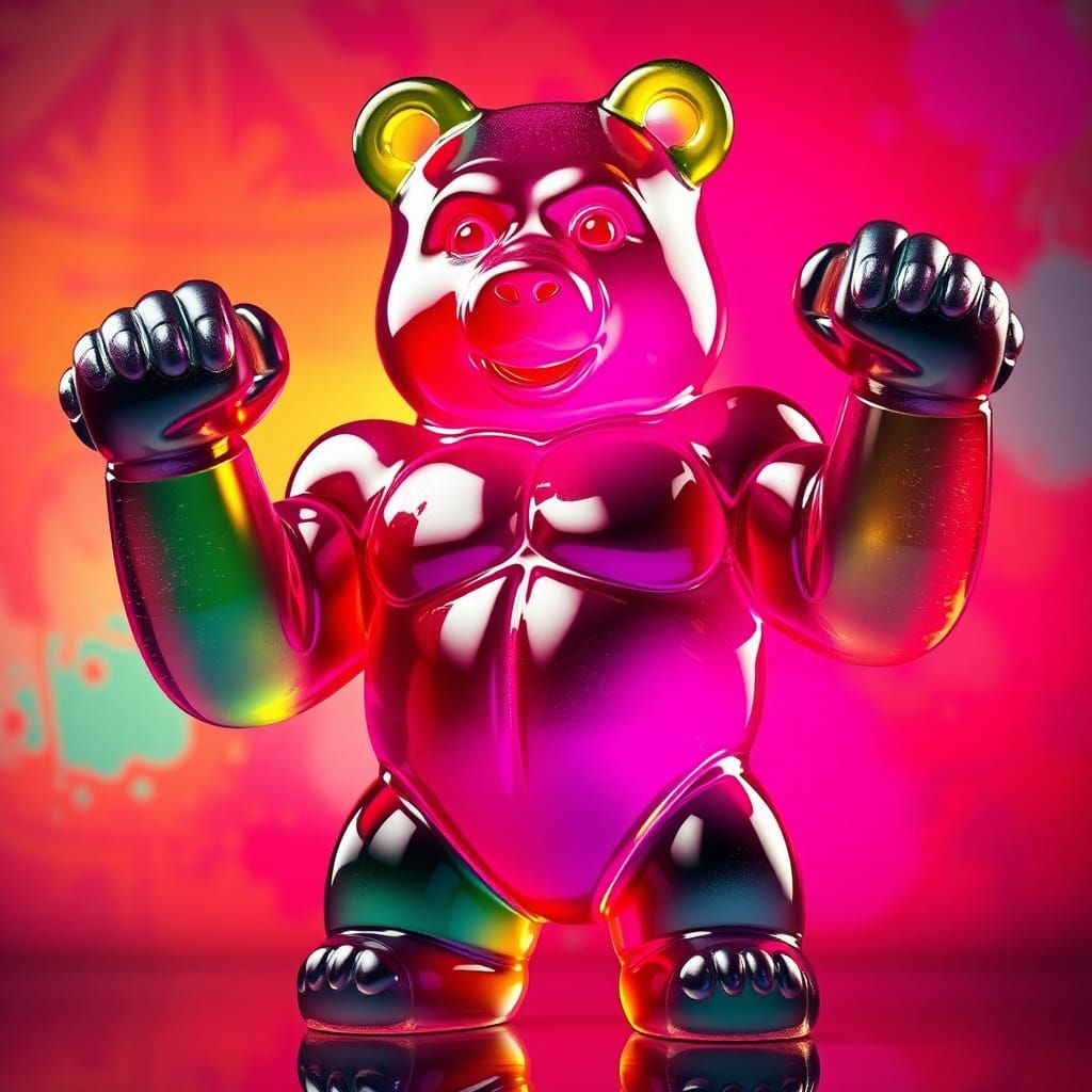 Ein Gummibärchen, das als Bodybuilder auftritt und mit winzi...