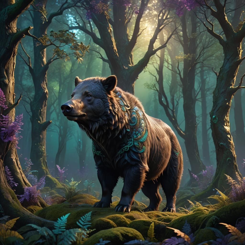 Mystical Boar-Bear Hybrid in Fantasy Forest