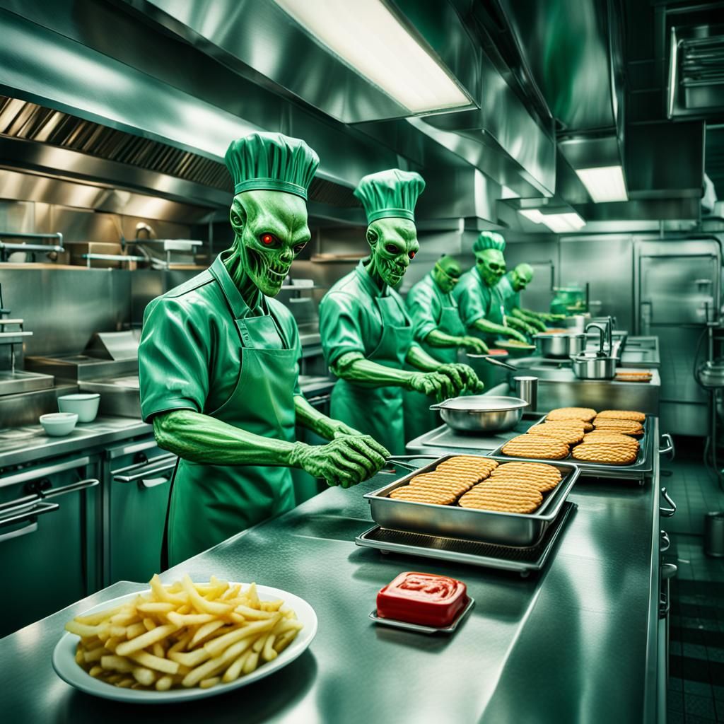 Alien Fast Food Kitchen: Hyperrealistic, Detailed Scene