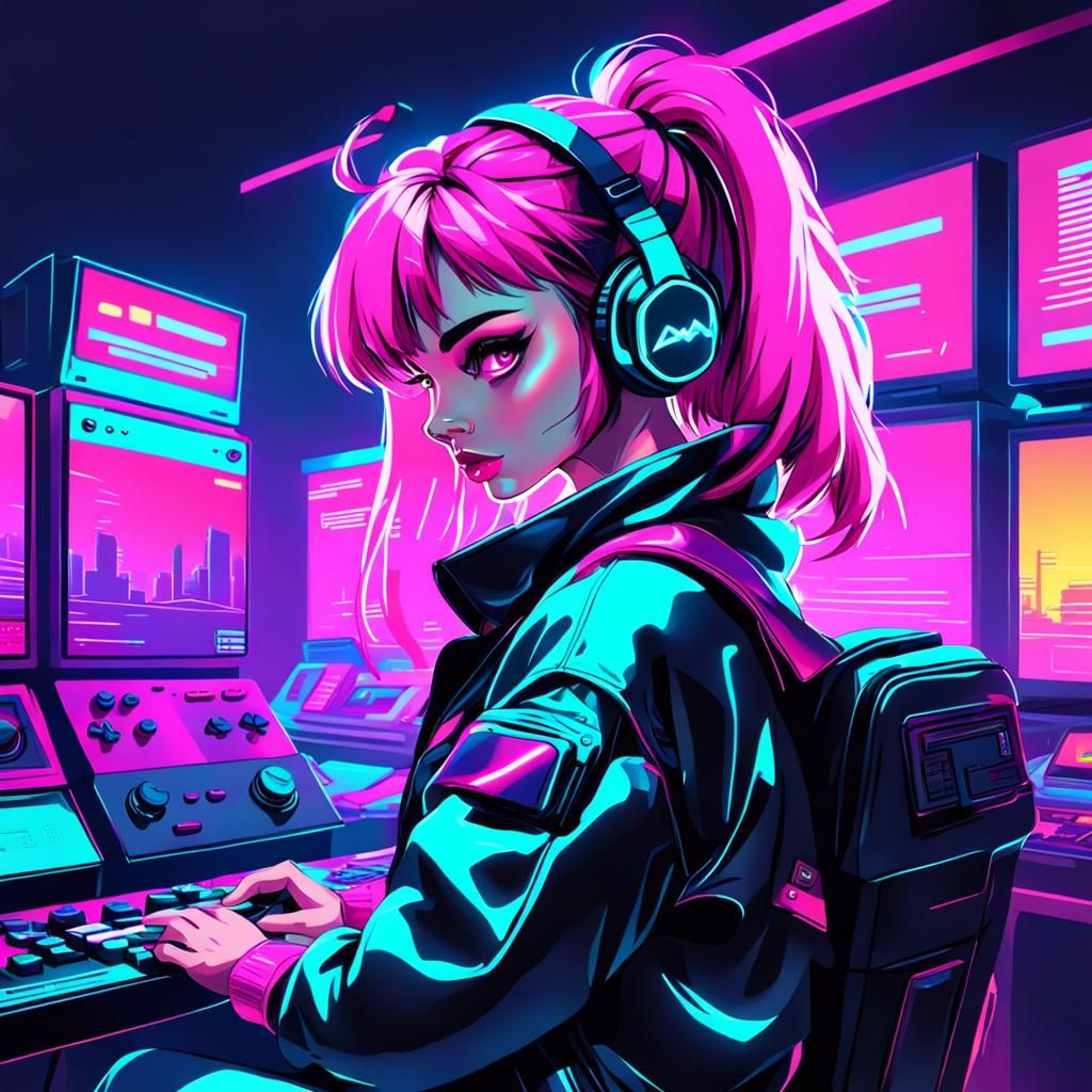 Synthwave Gamer Girl in Neon Retro Style