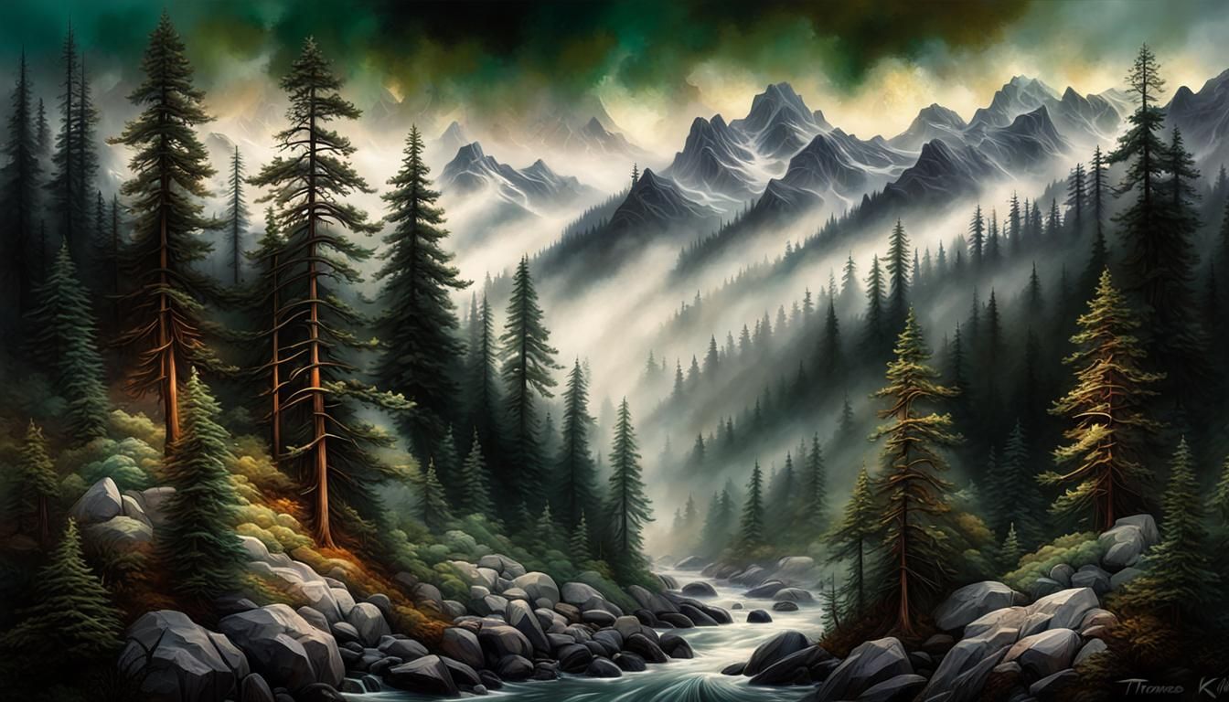 Macabre Hyperrealistic Stream Through Misty Pine Woods