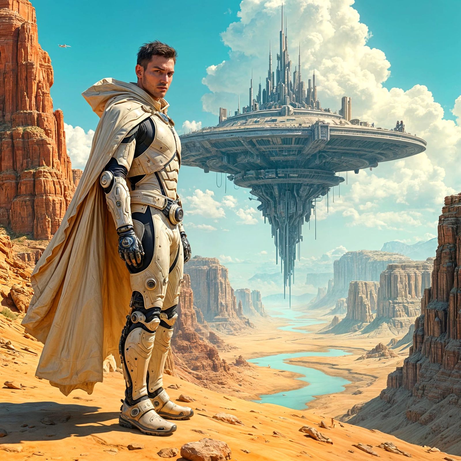 Moebius-Inspired Futuristic Cityscape with Alert Cyborg