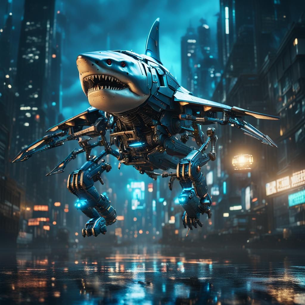 Cyberpunk Robot Shark Soaring Through Cityscape