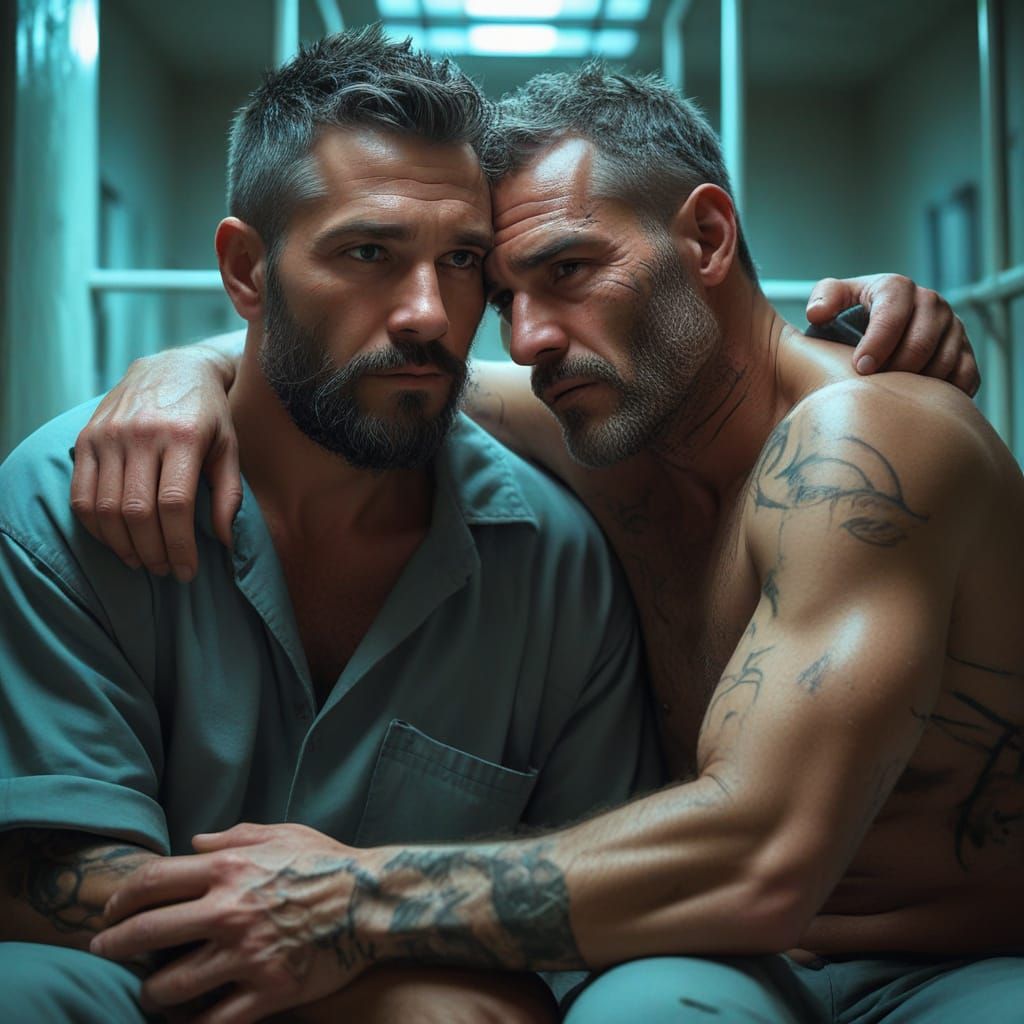 Two Prisoners Share a Moment of Solace in a Desolate Cell