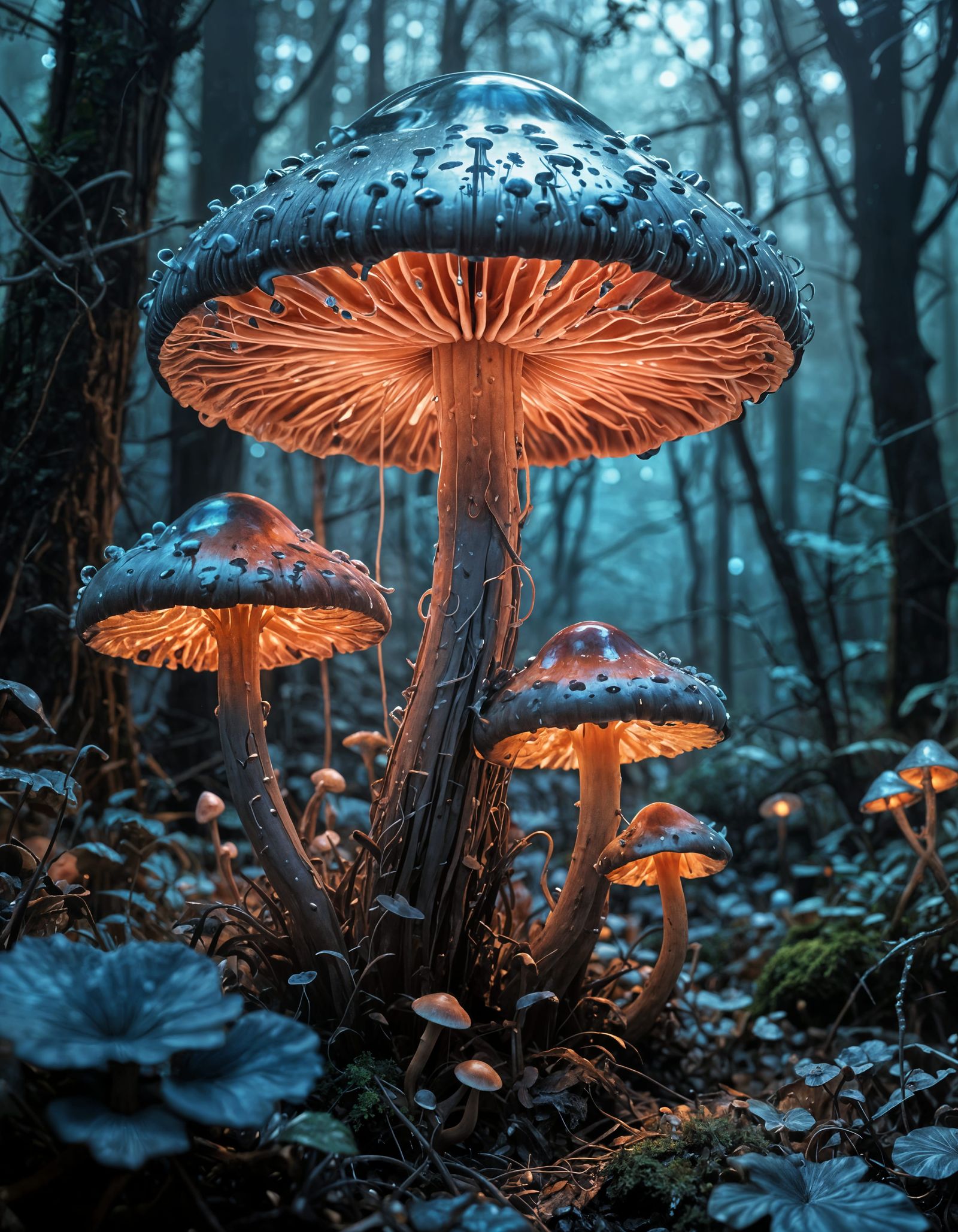 Chrome Mushrooms in Futuristic Landscape
