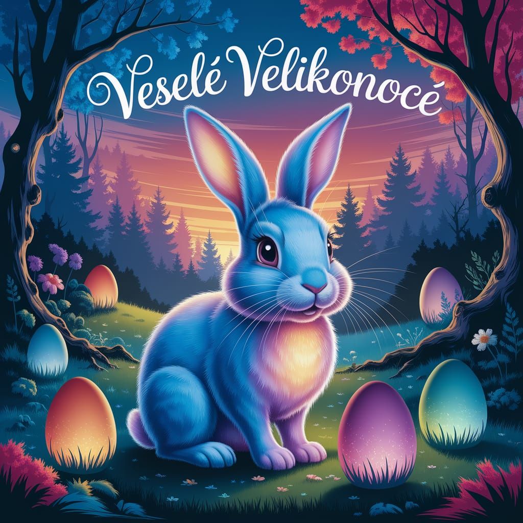 Mystical Easter Bunny Illuminated by Glowing Eggs in Sunset ...