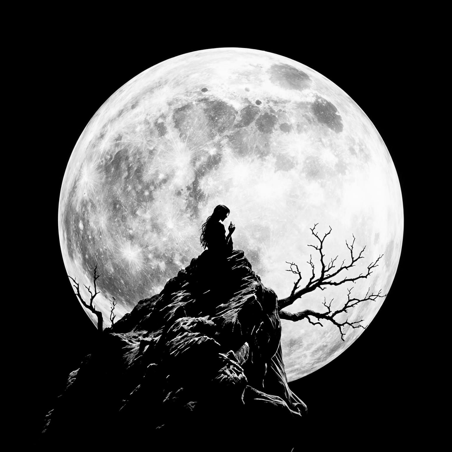 Lonely Figure on the Dark Side of the Moon, in Black Ink Pop...