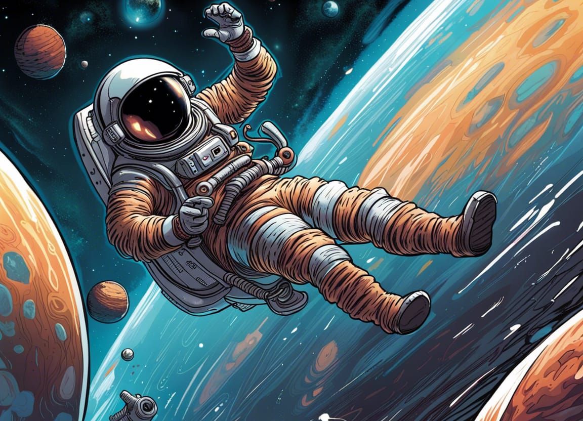 Astronaut Drifting in Space: Comic Book Art