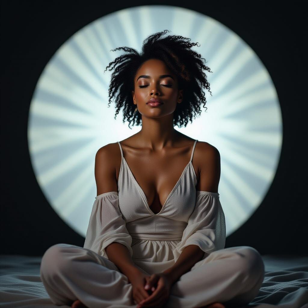 Ethereal Glow: Portrait of Peaceful Woman in Dark Room