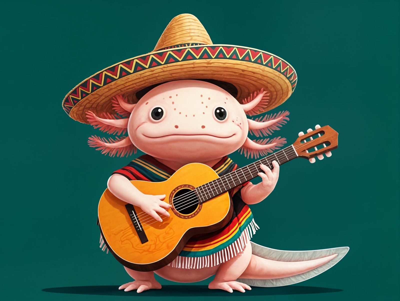 Axolotl Plays Flamenco Guitar in Sombrero and Poncho