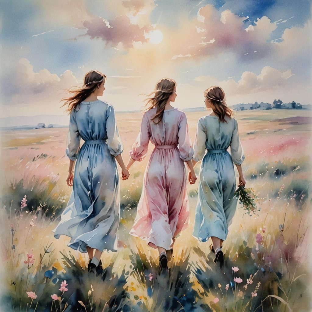 Pastel Watercolor: Young Ladies in Dreamy Meadow