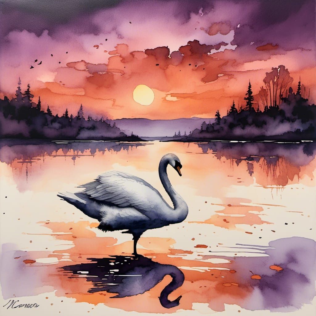 Swan Glides on Lake During Serene Sunset