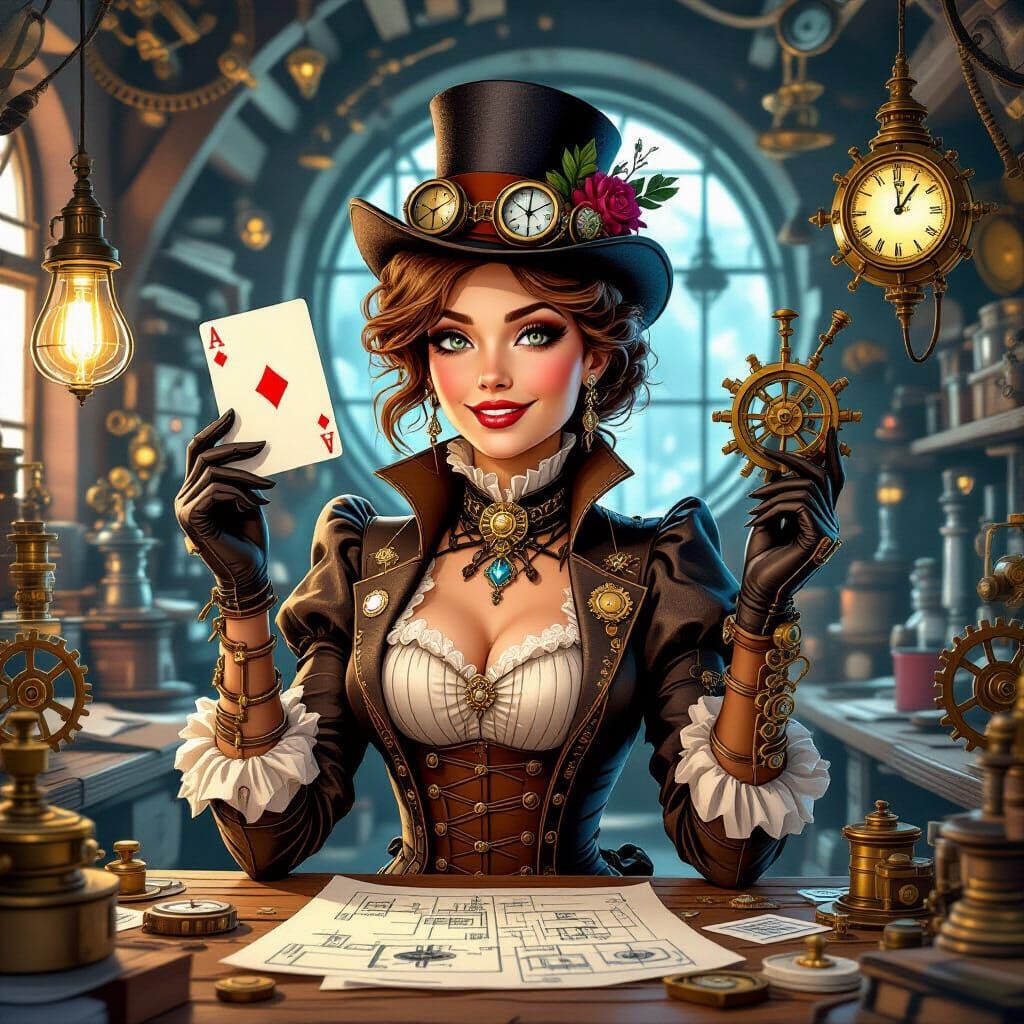 Steampunk Inventor Woman Ace of Diamonds in Clockwork Worksh...