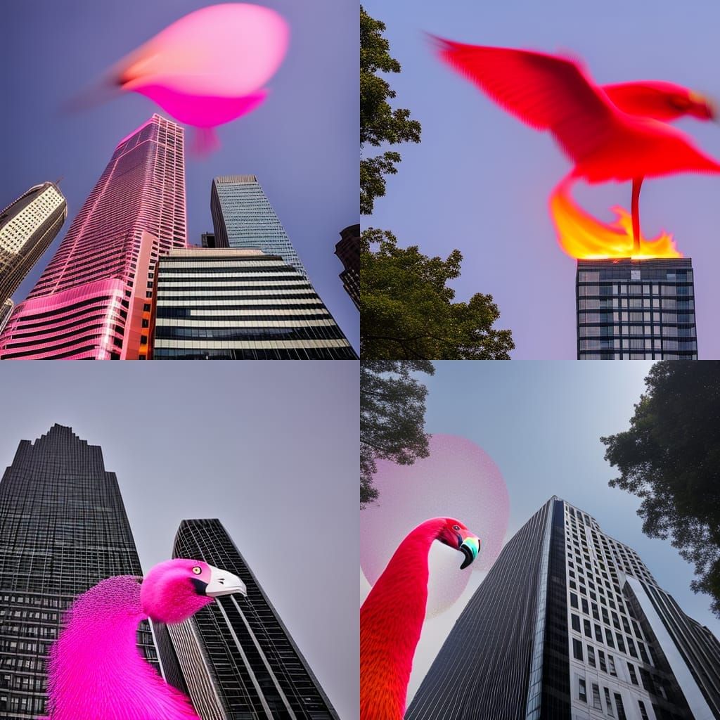 Fiery Flamingo-Winged Duck Gazes at Skyscraper in Pointillis...
