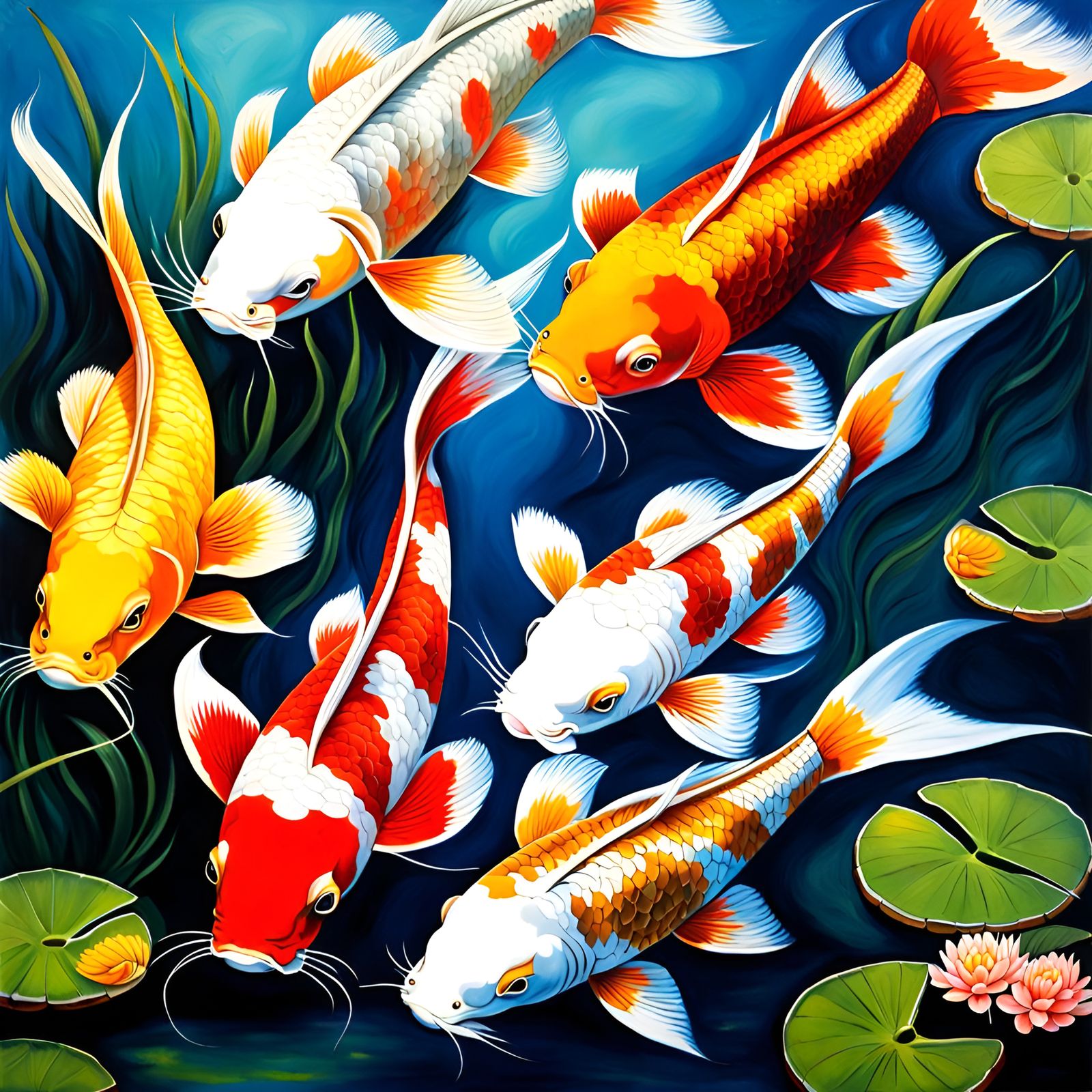 Detailed Oil Painting of Koi in Japanese Garden