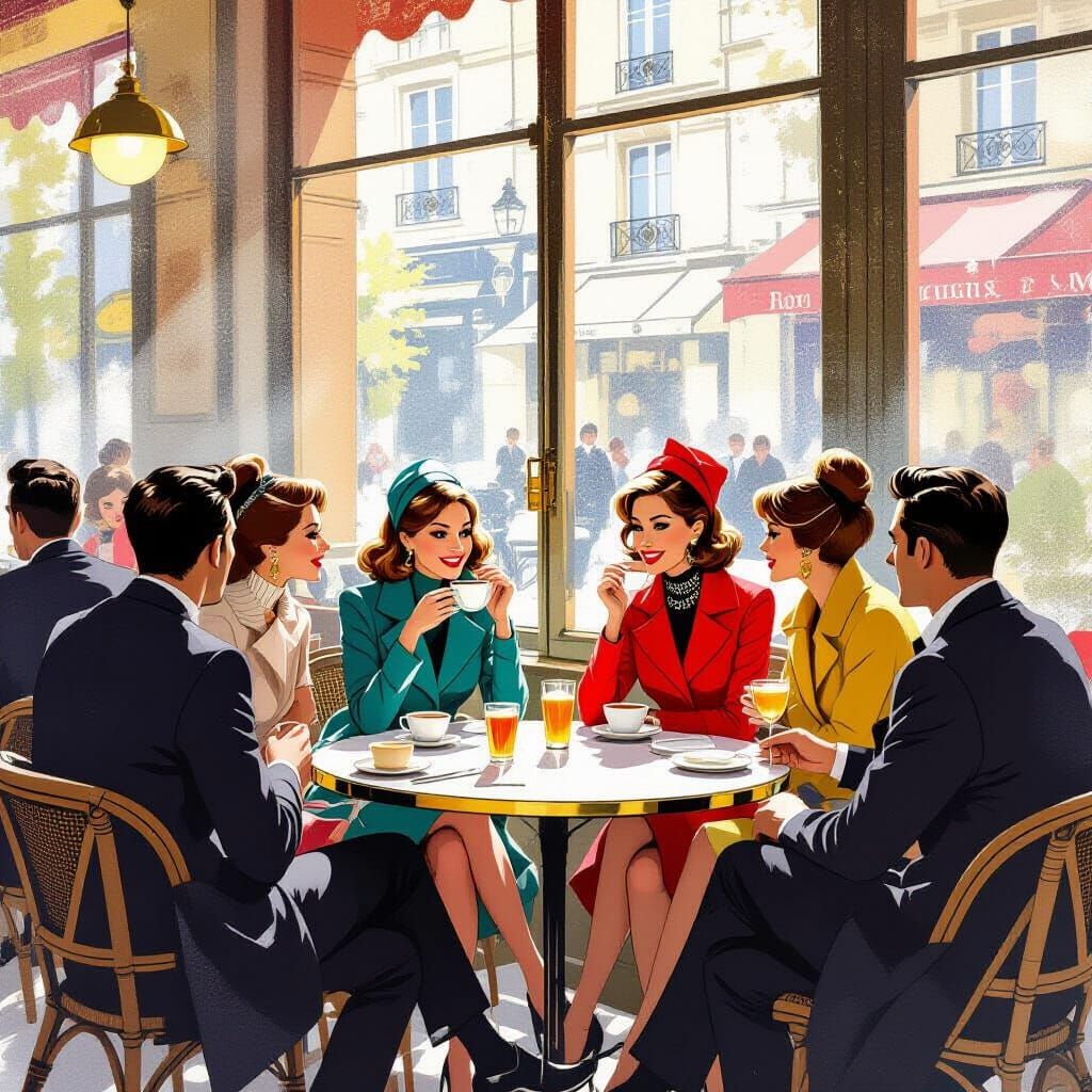 1960s Paris Cafe Scene in Vintage Fashion Illustration Style