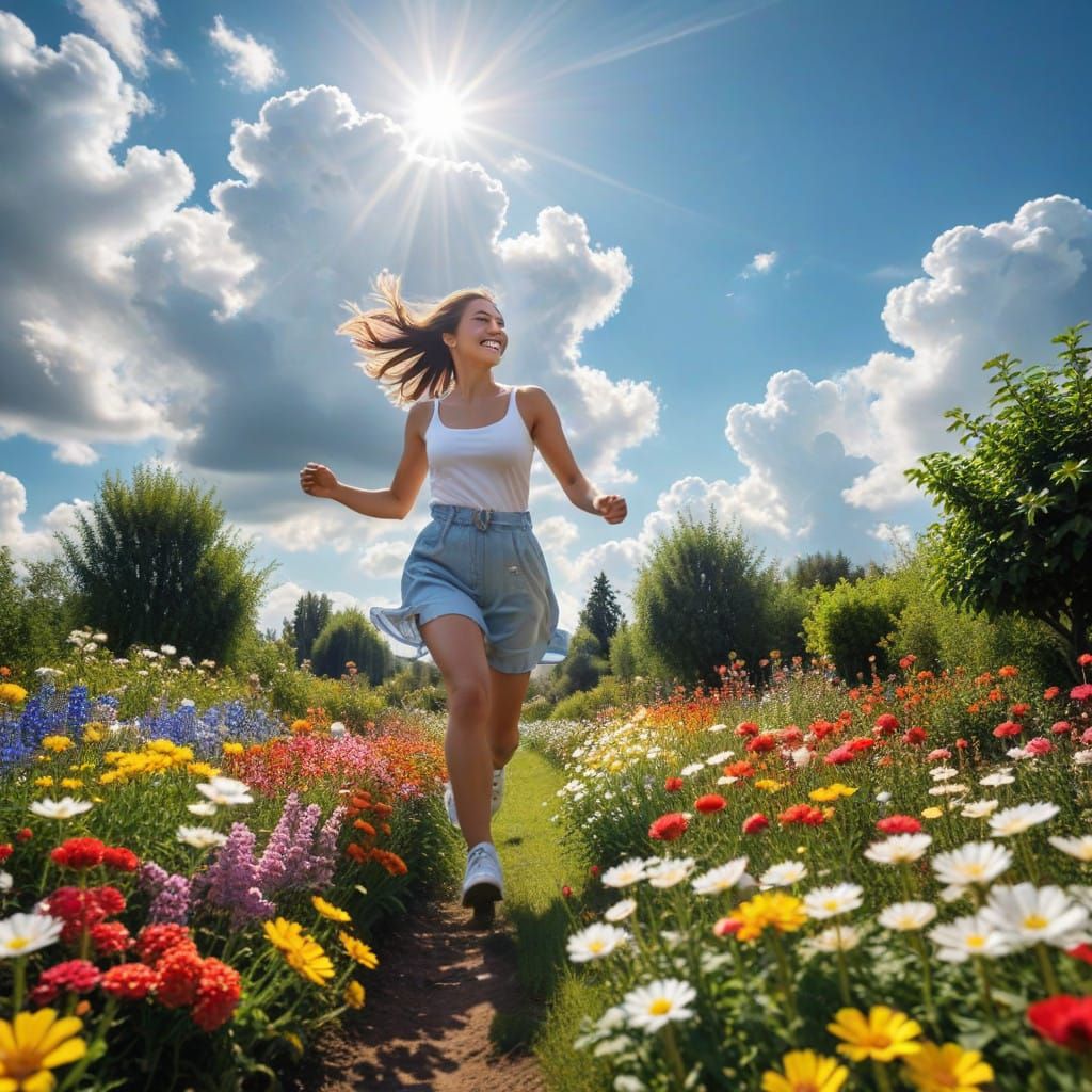 Joyful Woman Running in Colorful Flower Garden