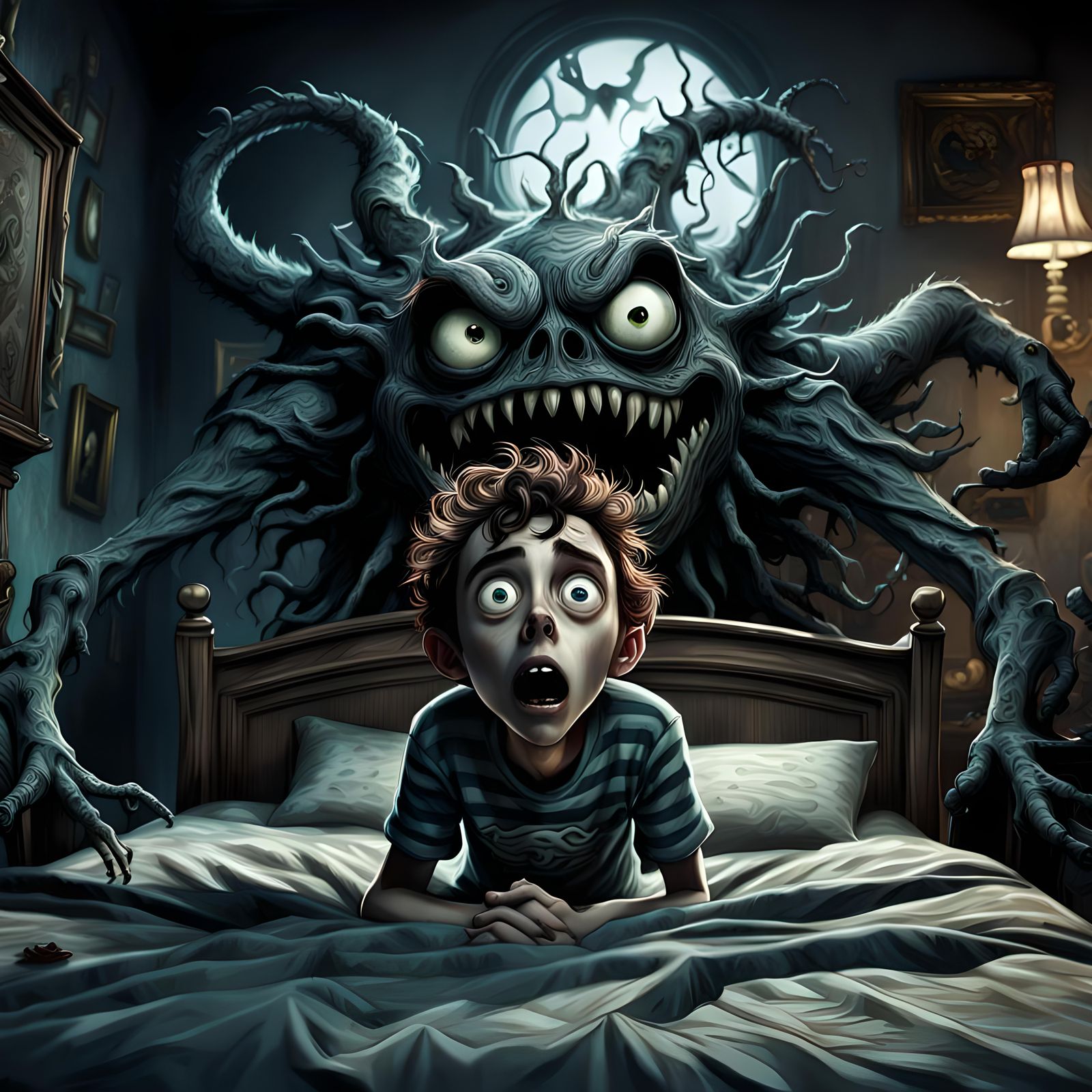 Frightened Boy and Monster in Tim Burton Style