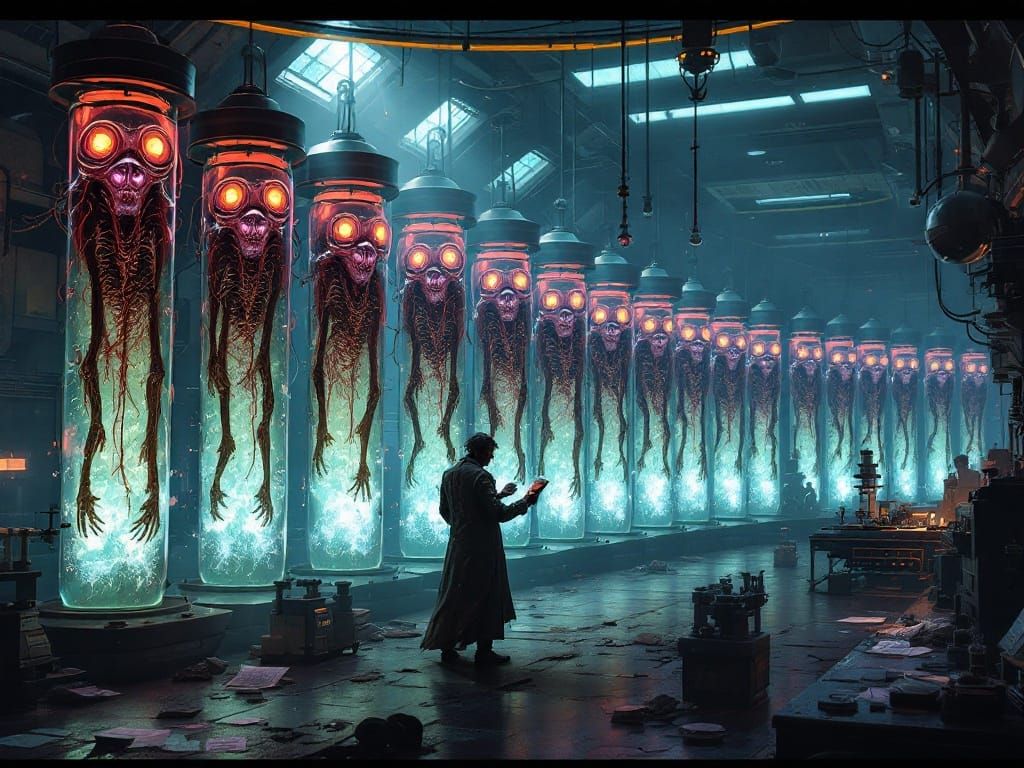 Humanoid Creatures Suspended in Futuristic Laboratory