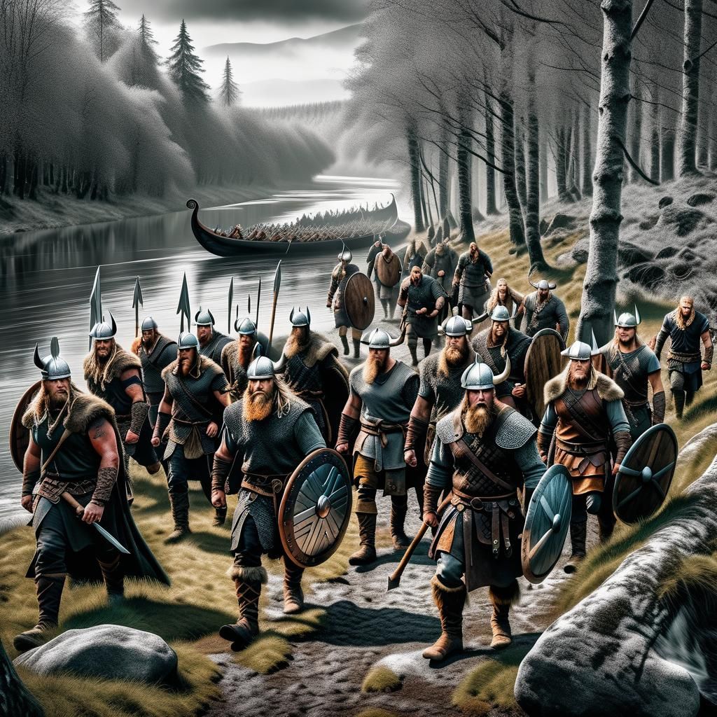 Viking Warriors Journey Through Forest: Fantasy Art
