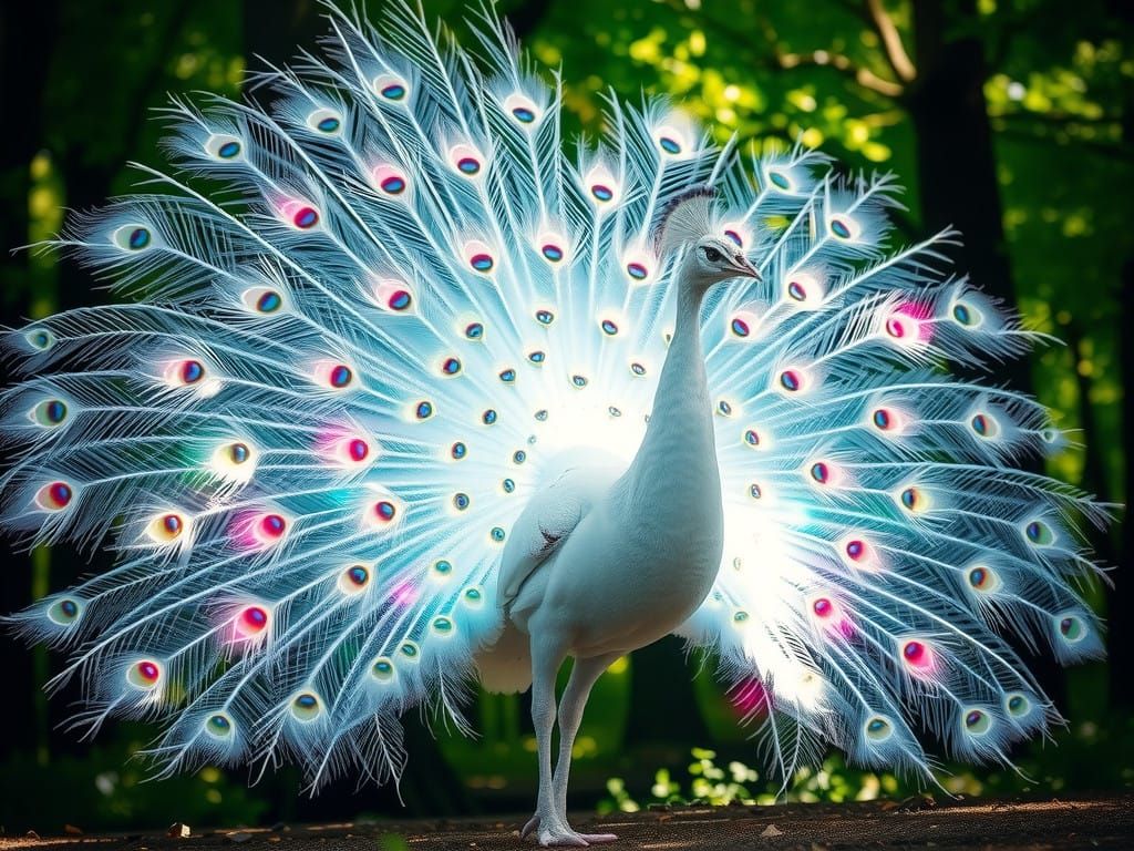 Stunning White Peacock in Iridescent Plumage