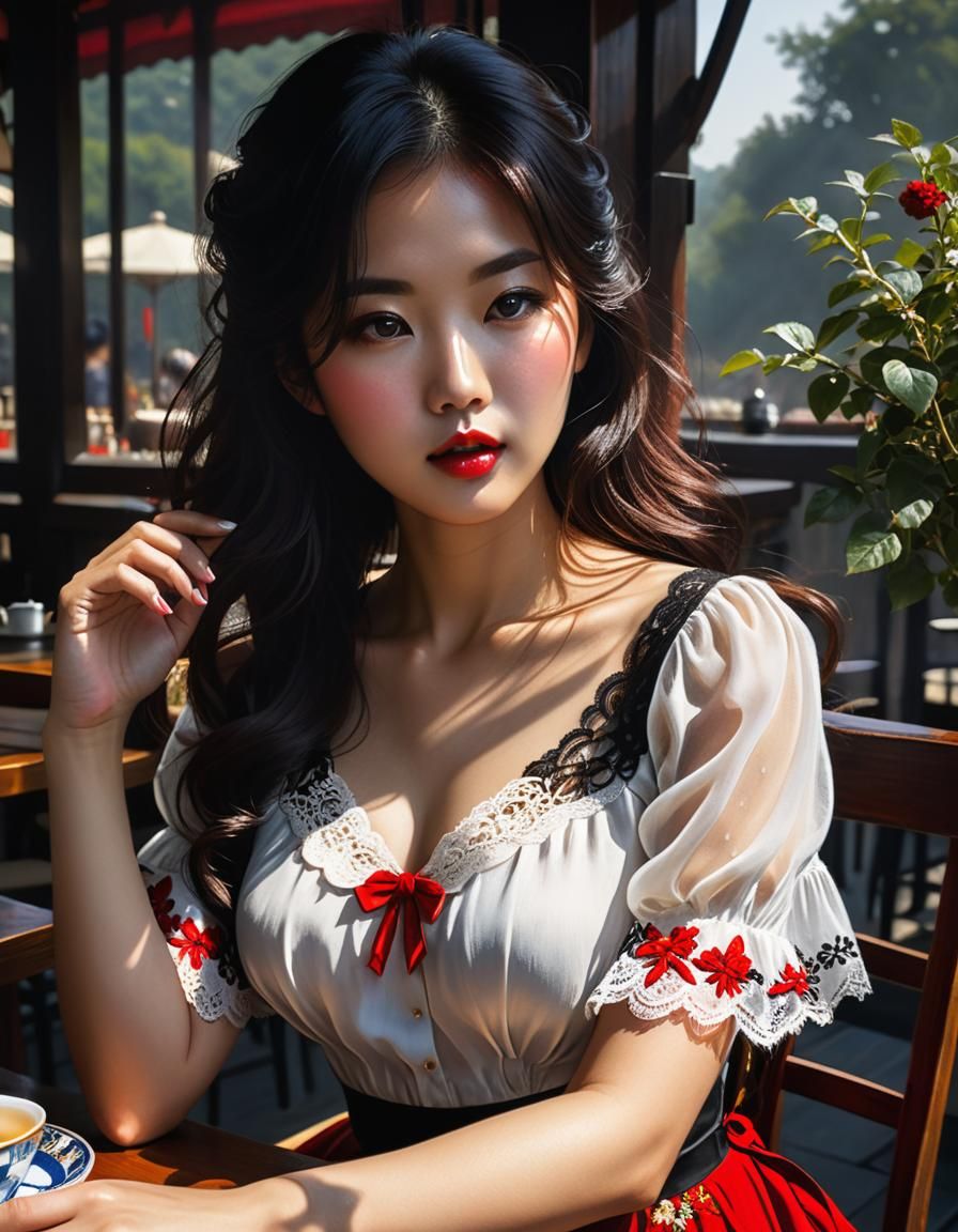 Korean Woman in Cafe: Chiaroscuro Oil Painting
