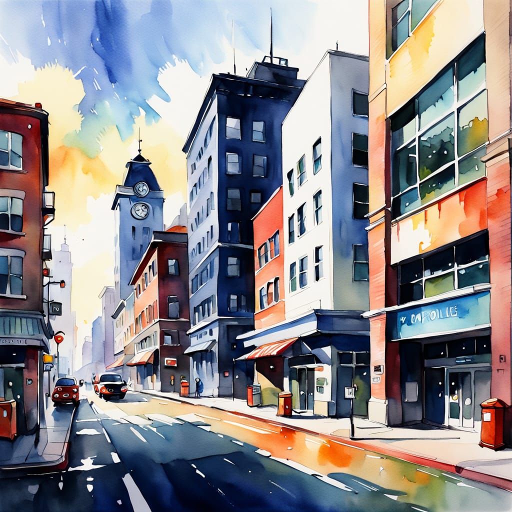 Whimsical Watercolor Cityscape with Cartoon Buildings and Vi...