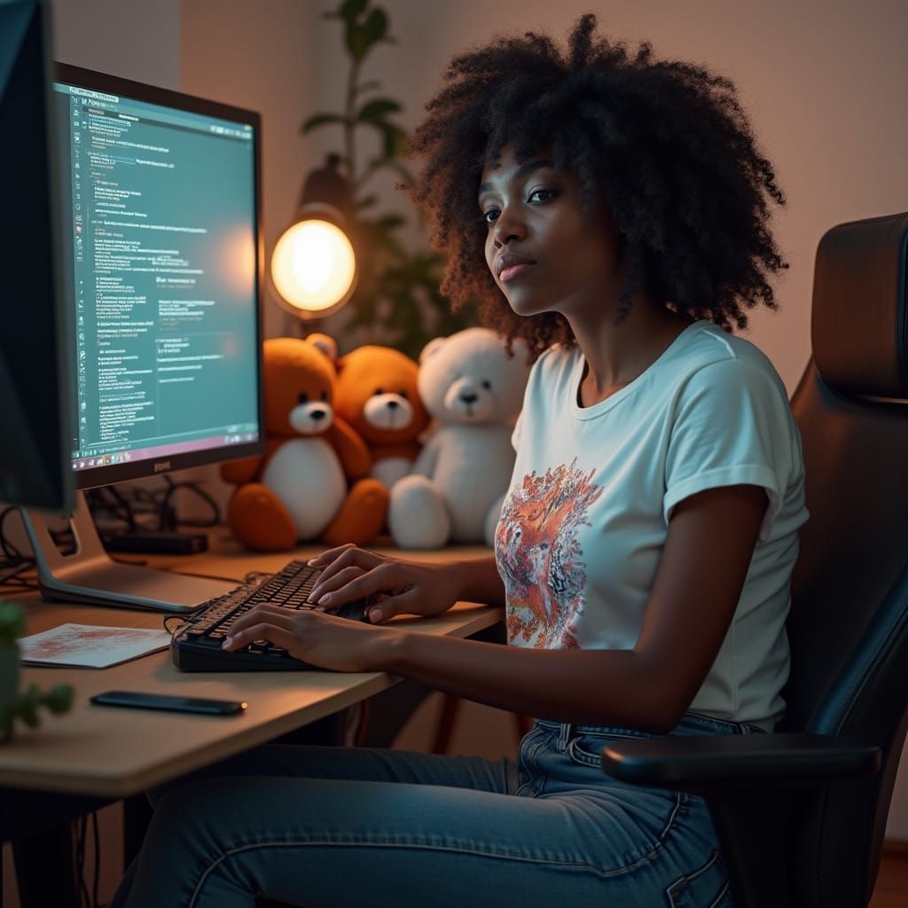 Young Woman in Tech Setting with Stuffed Animals