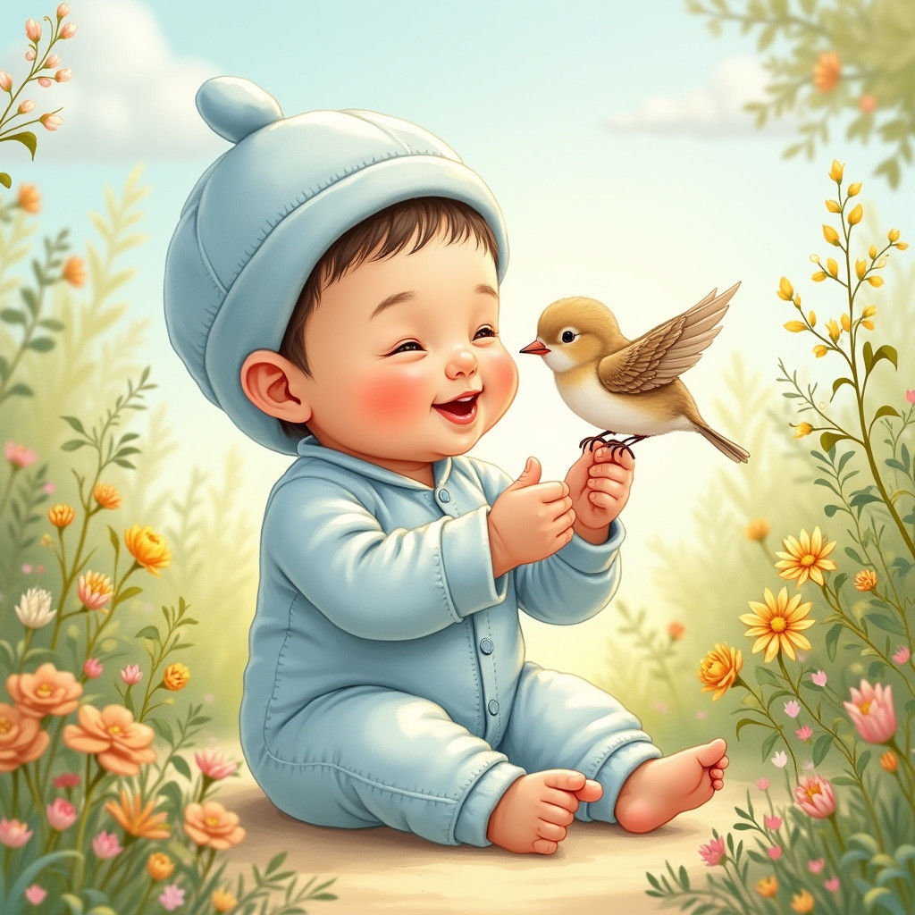 Baby and Sparrow in Sun-Drenched Garden: Impressionist Style