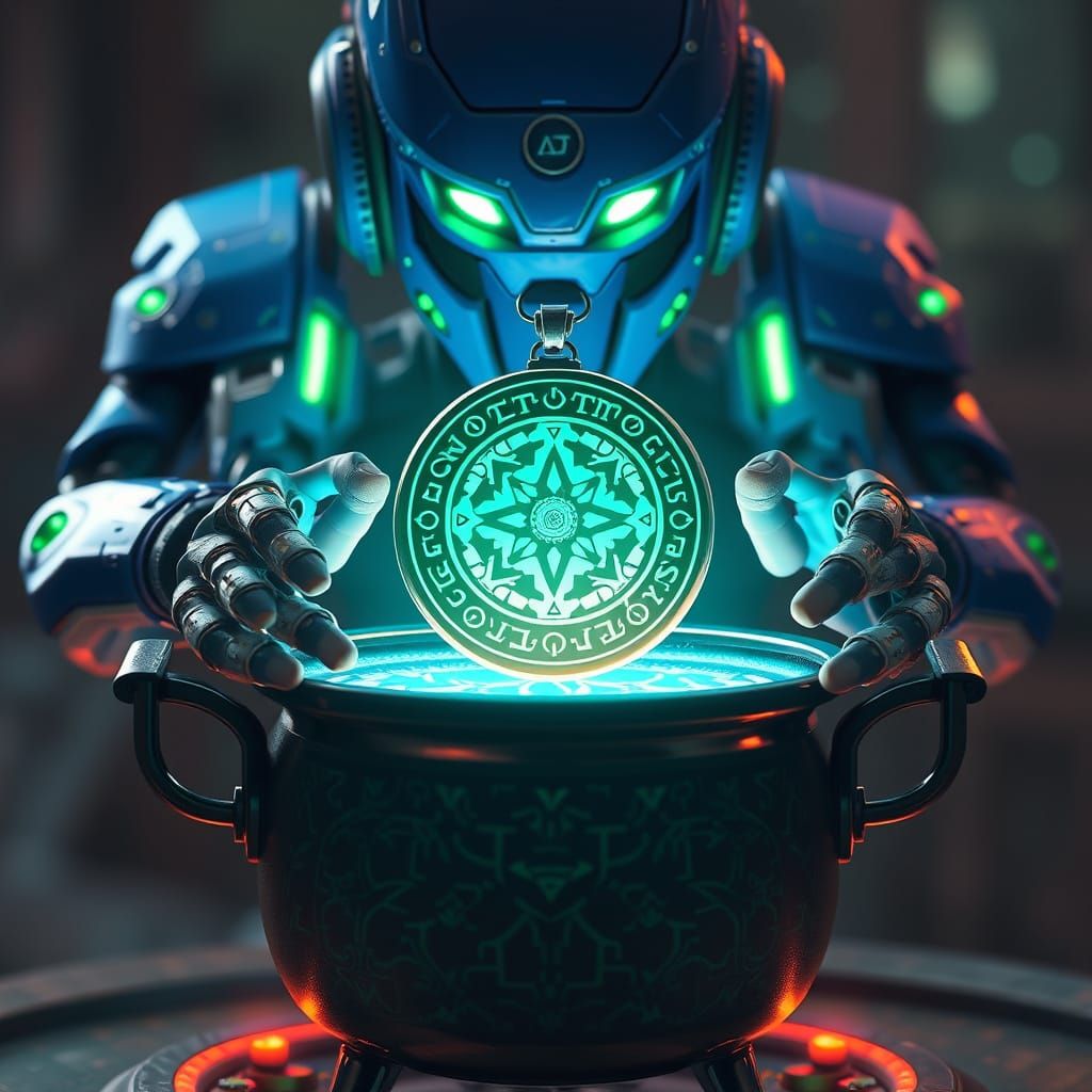 Cyberpunk Robot Holds Amulet Over Runestone Cauldron