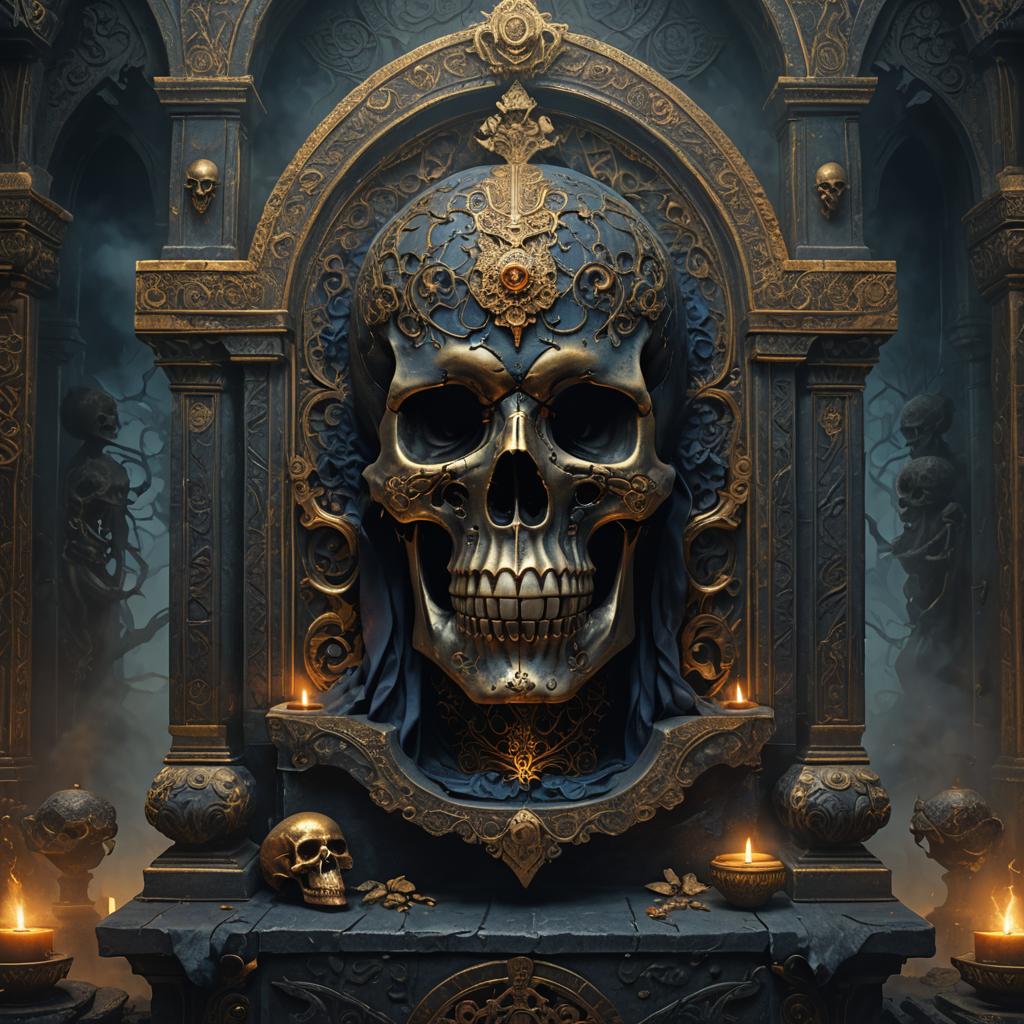 Ornate Black and Gold Skull in Dark Fantasy Style
